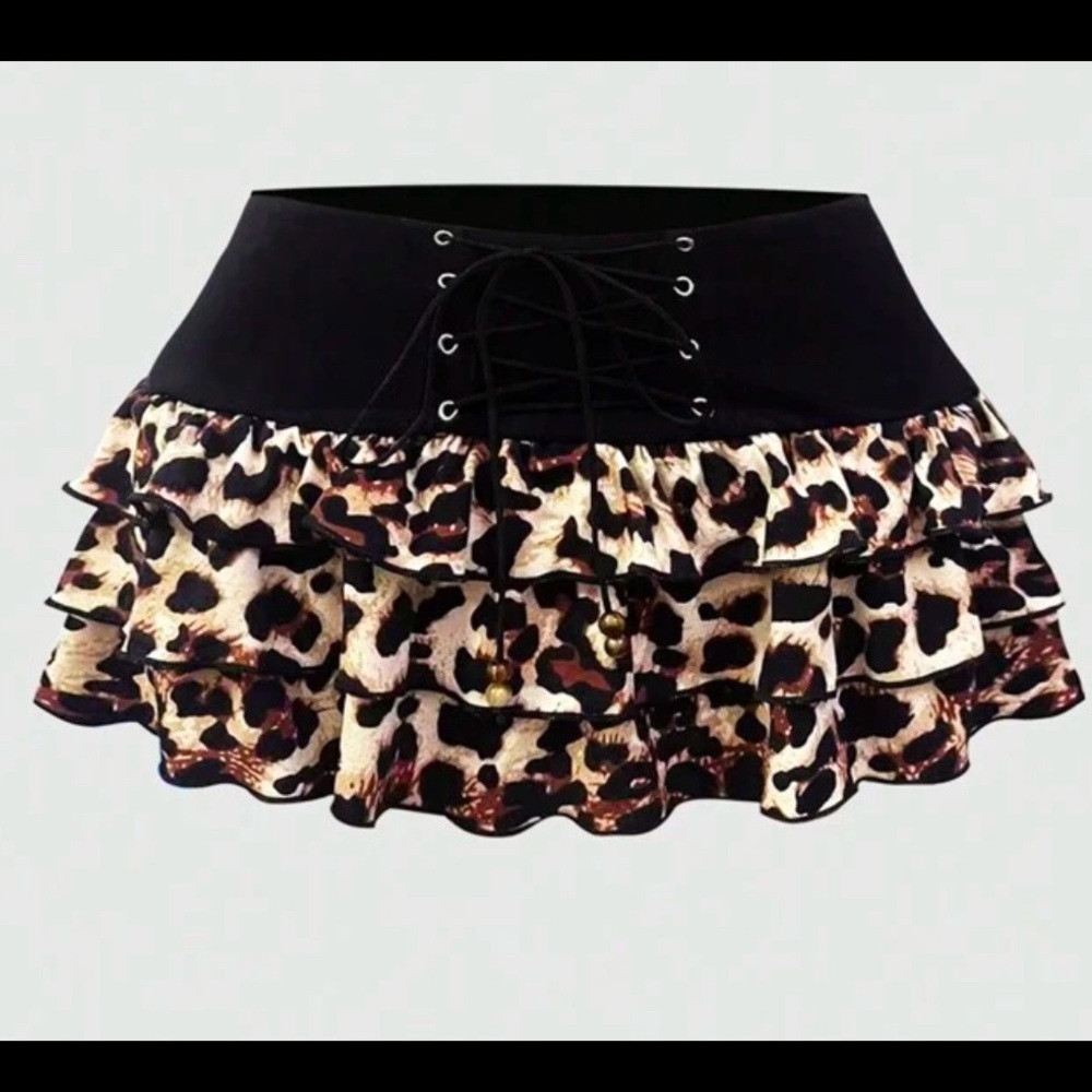 Garage Black and Leopard Print Ruffle Skirt